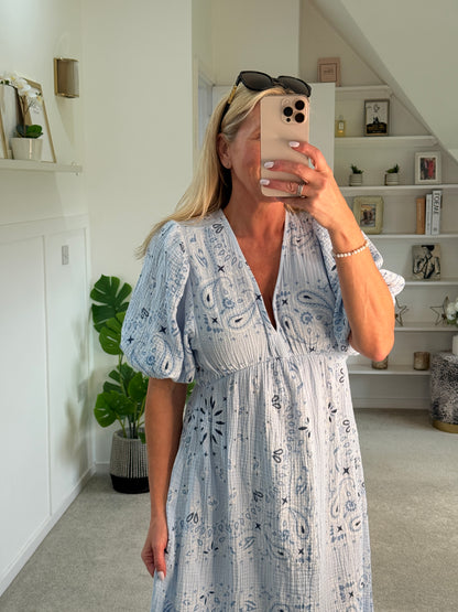 White Paisley Print Cheesecloth Midi Dress