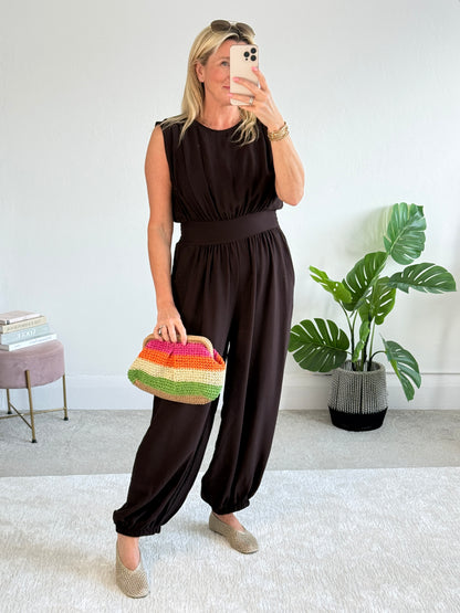 Chocolate Elasticated Sleeveless Harem Jumpsuit