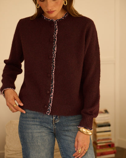 Plum/Pink Floral Frill Trim Cardigan
