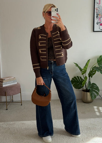Chocolate Military Zip Front Knitted Cardi