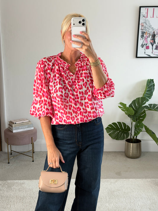 Pink Leopard 3/4 Puff Sleeve Blouse
