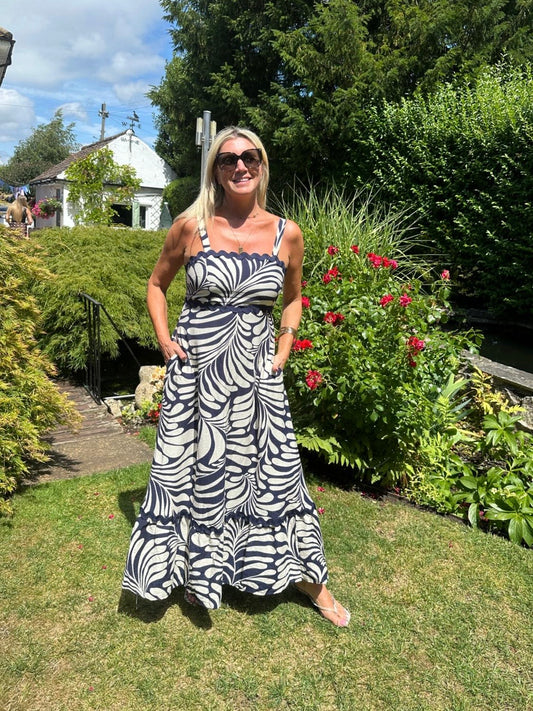 Navy Printed Scallop Detail Dress