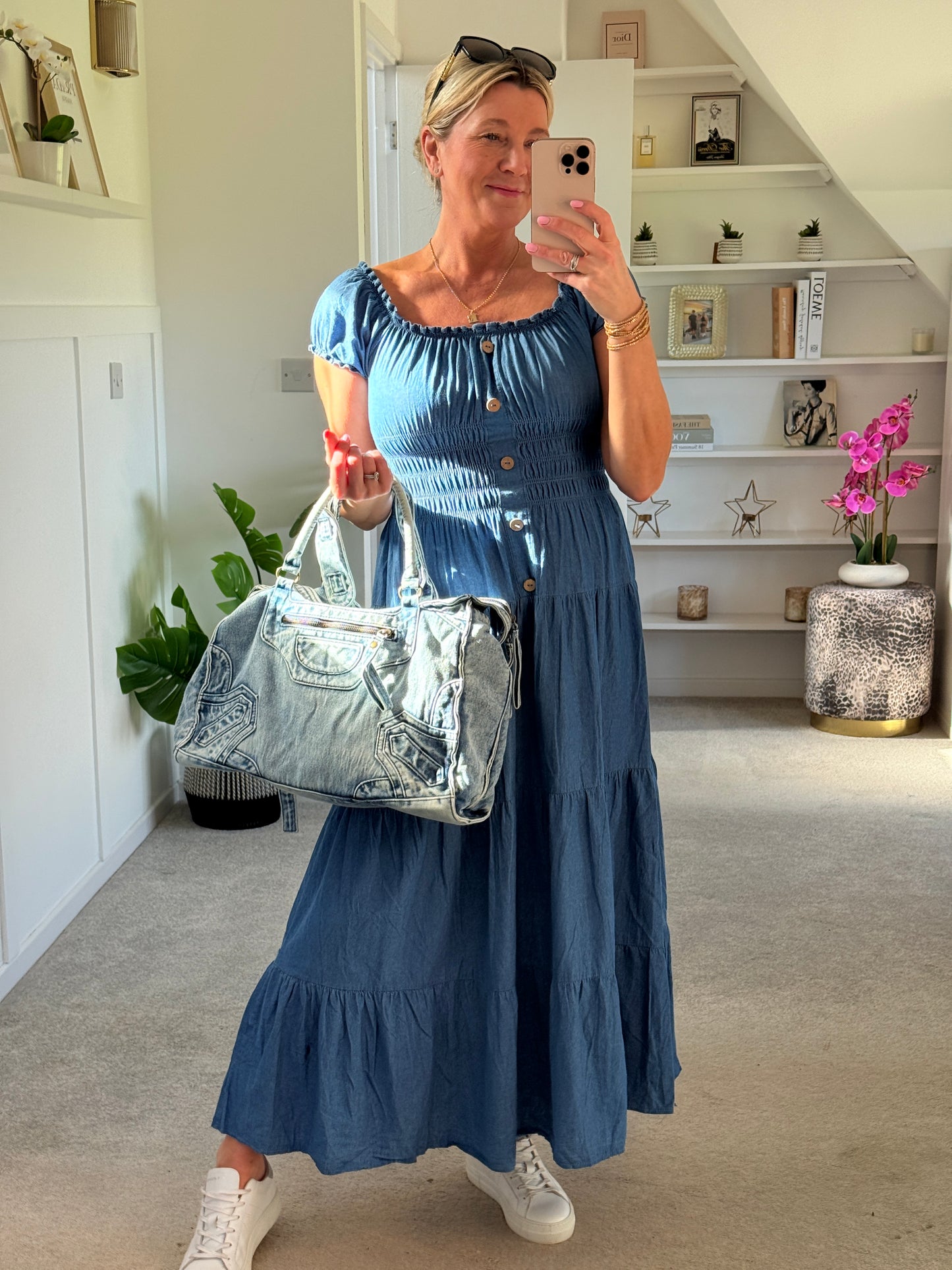 Blue Denim Bardot Tiered Maxi Dress