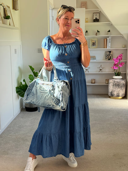 Blue Denim Bardot Tiered Maxi Dress