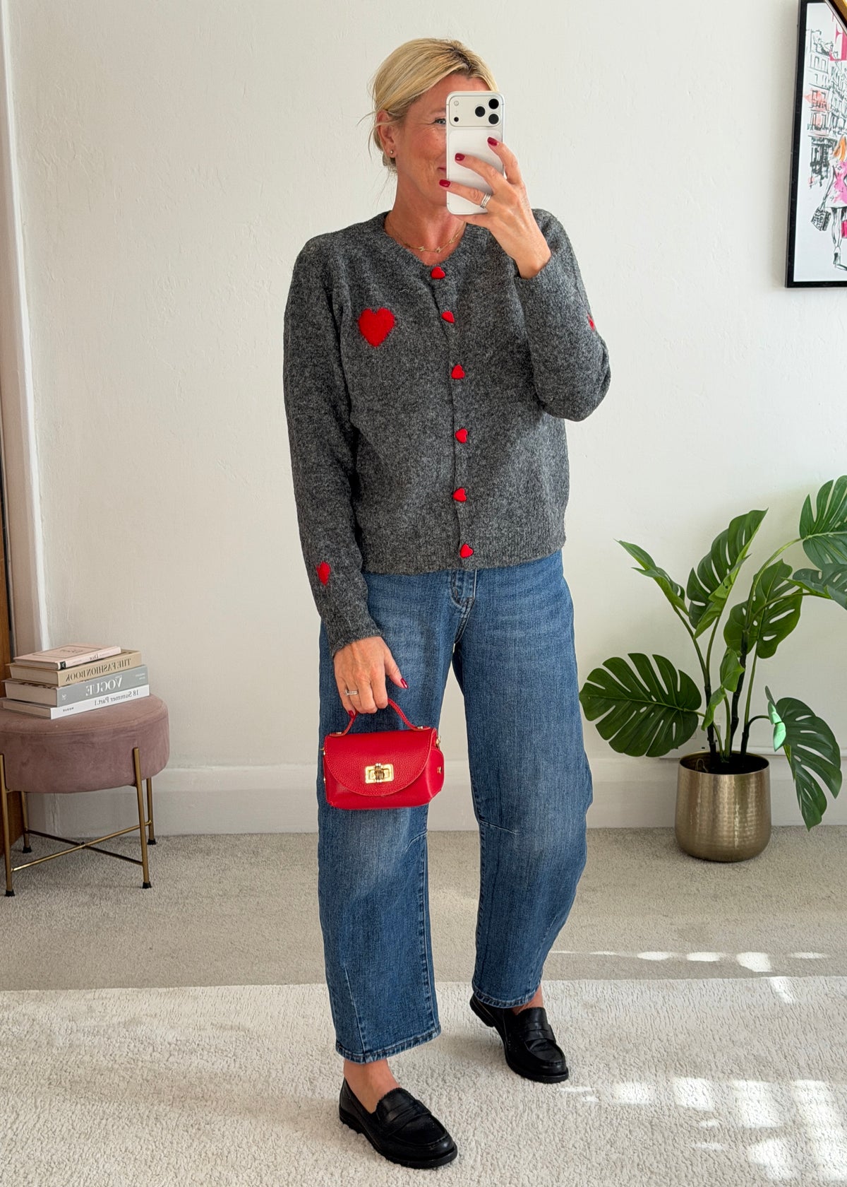 Grey/Red ❤️ Heart Button Cardigan