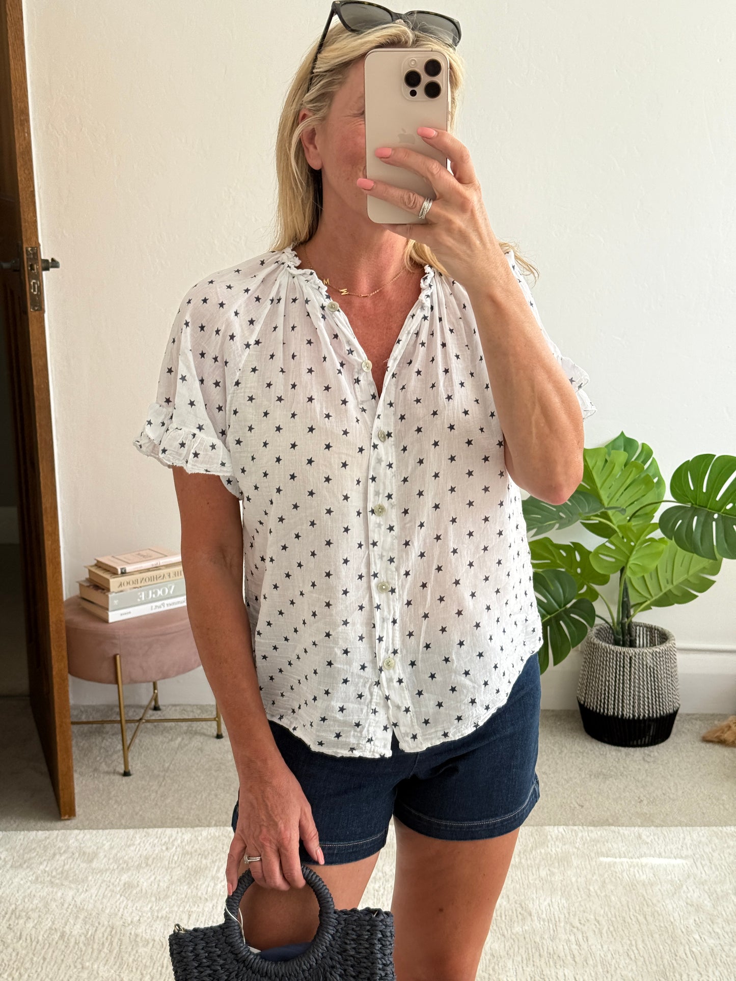 Navy Star Frill Sleeve Blouse