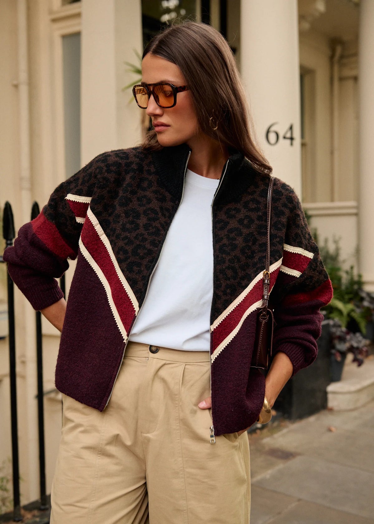 Leopard Chevron Zip Front Knitted Cardigan