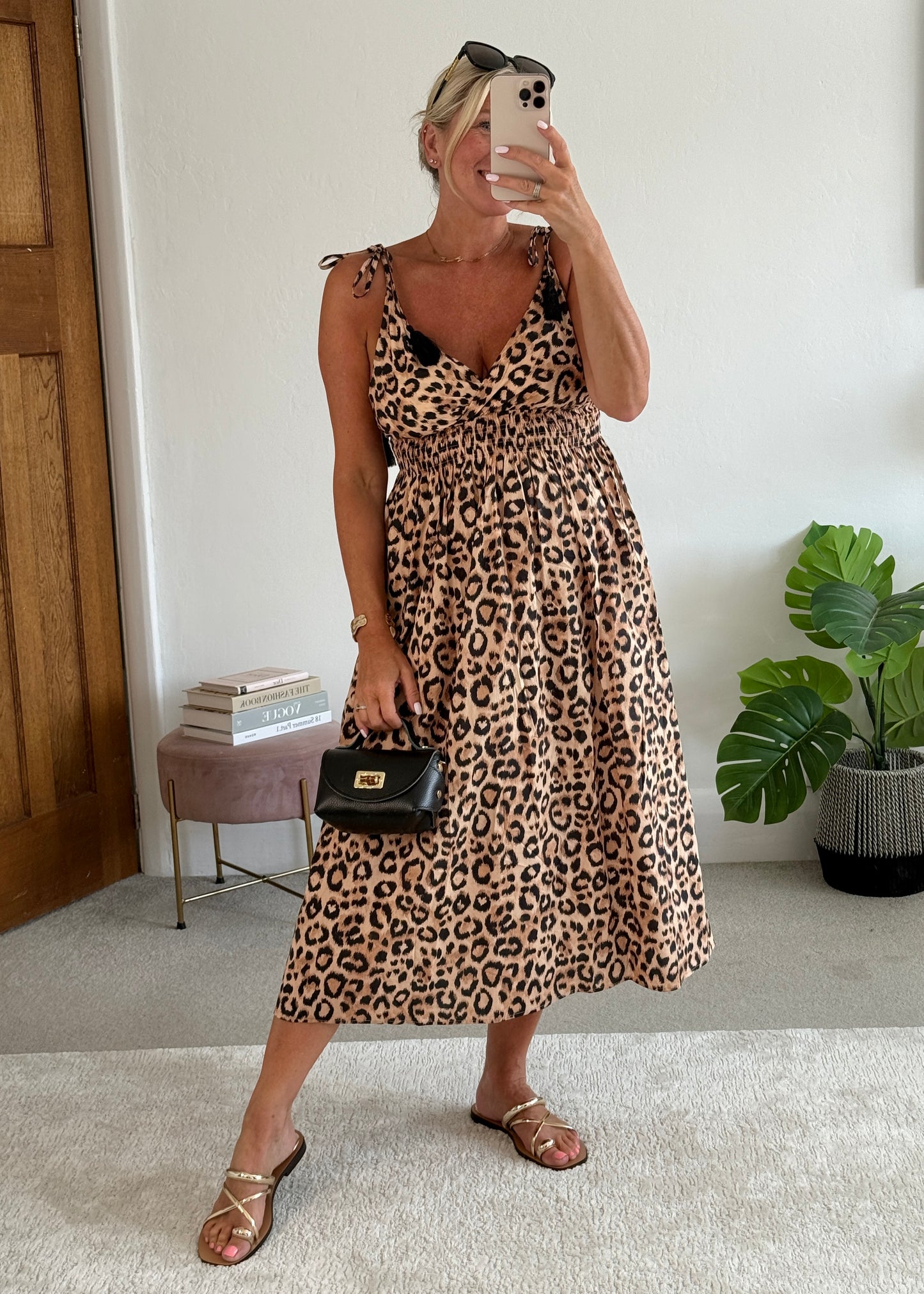 Leopard Tassel Tie Shoulder Midi Dress