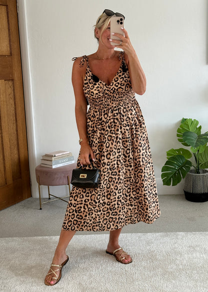 Leopard Tassel Tie Shoulder Midi Dress