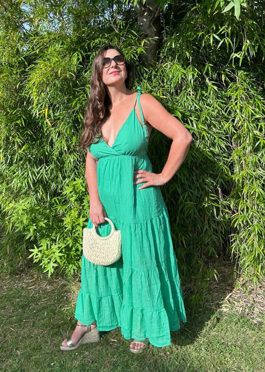 Kelly Green Tie Strap Tiered Maxi Dress