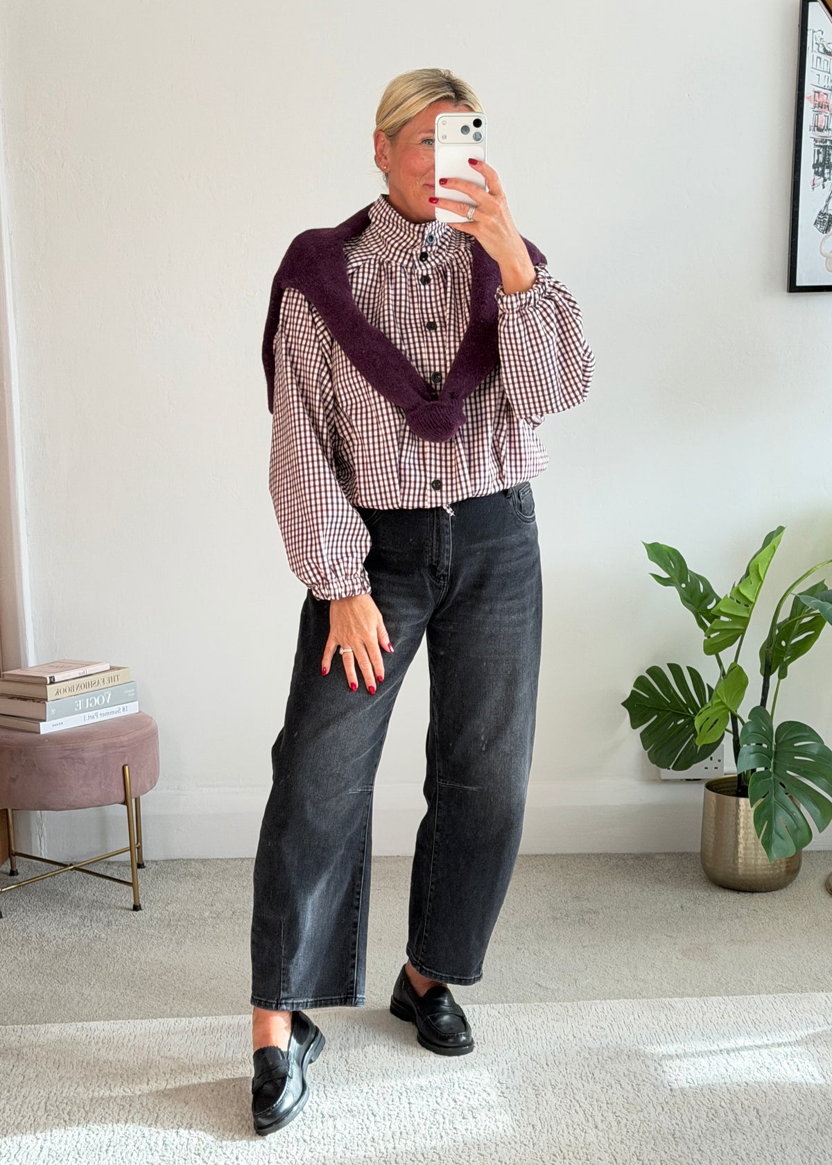 Plum Check Funnel Neck Jacket