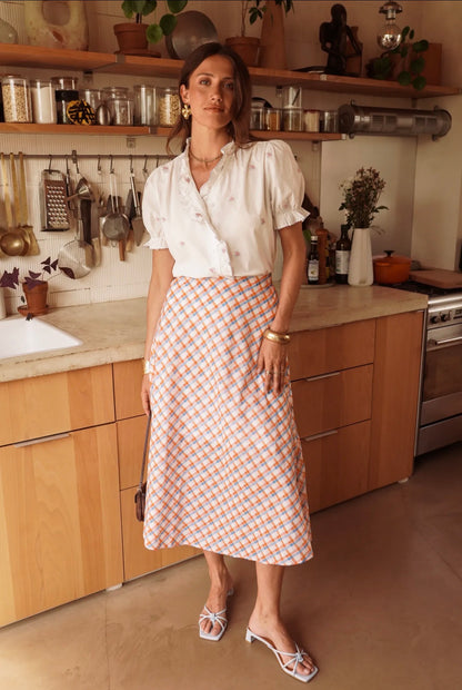 Orange/Blue Retro Check Flared Midi Skirt