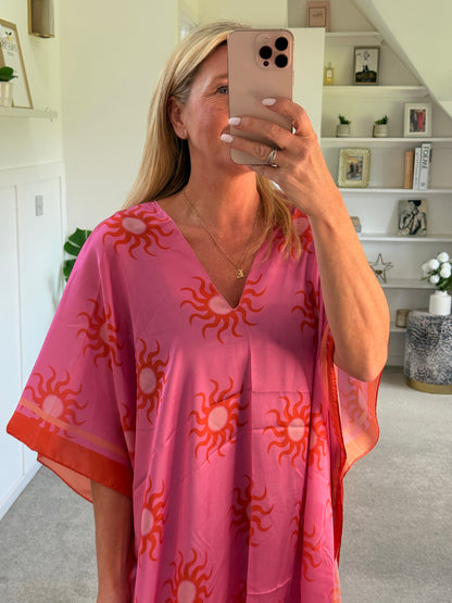 Lemon/Pink Sun Print Floaty Kaftan Dress