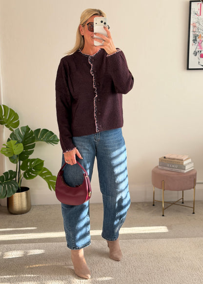 Plum/Pink Floral Frill Trim Cardigan