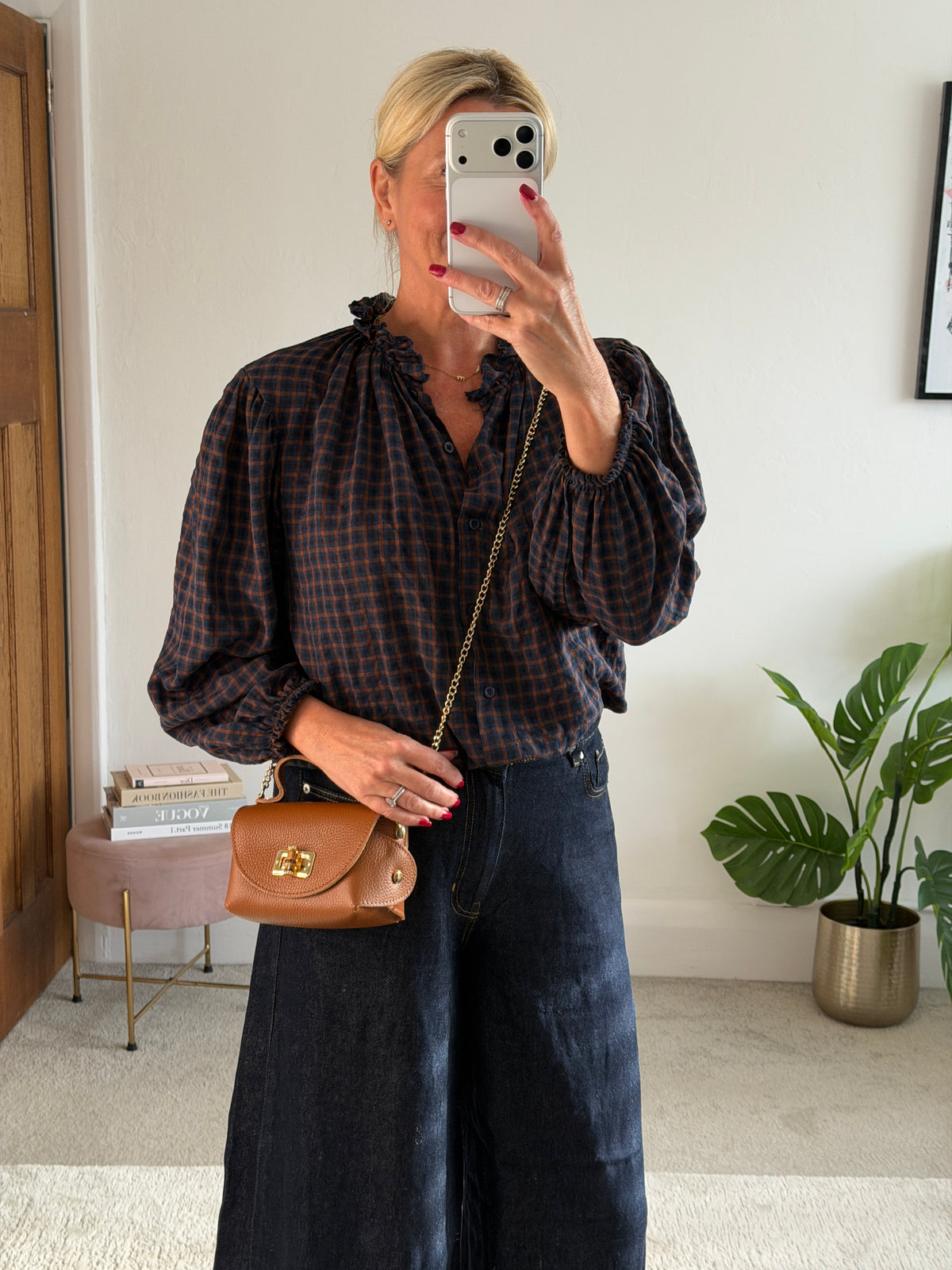 Navy Heritage Check Frill Collar Blouse