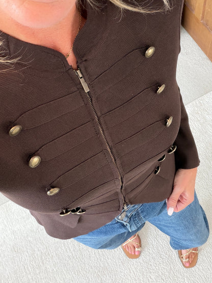 Chocolate Military Button Zip Knit Jacket
