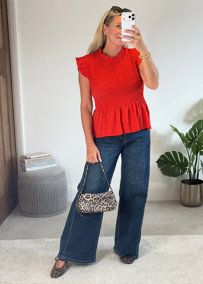Red Smocked Peplum Top