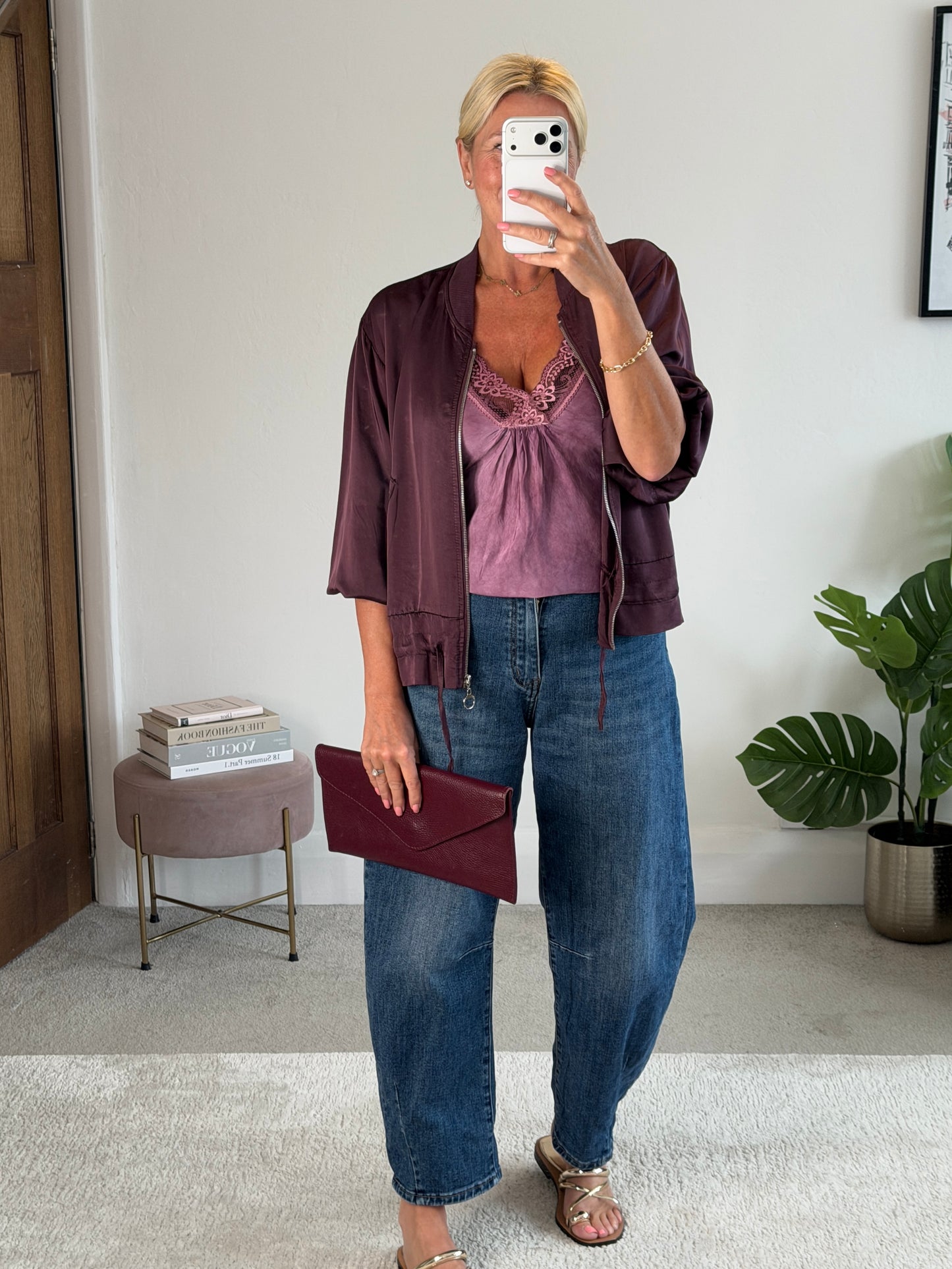 Plum Satin Drawstring Bomber Jacket