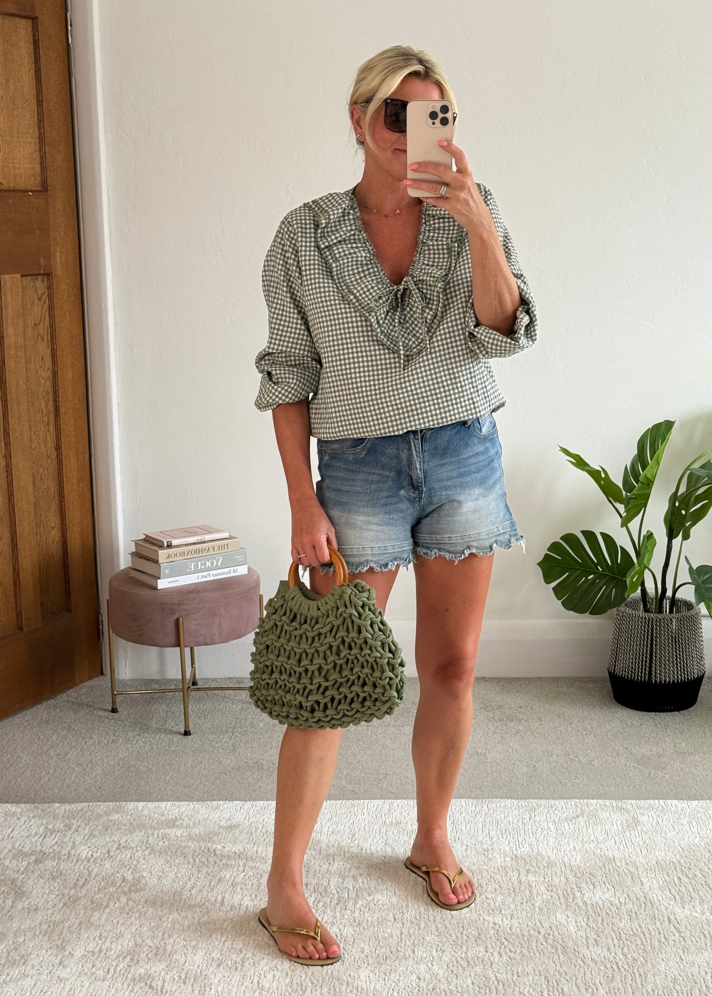 Khaki Gingham Ruffle Blouse