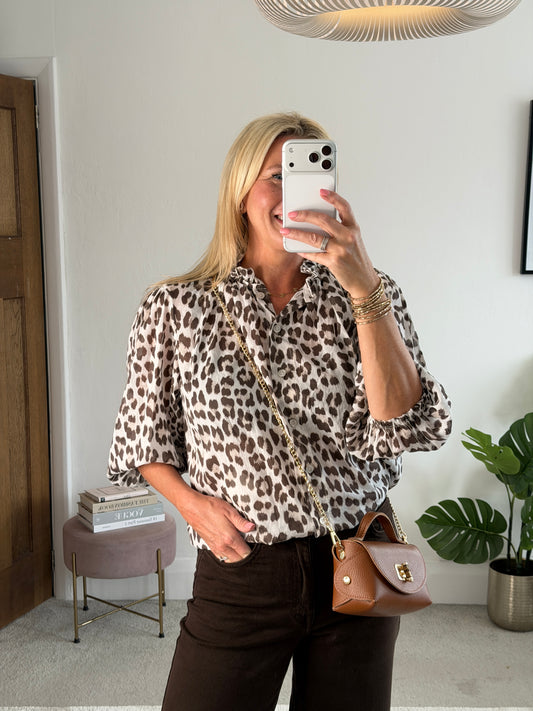 Beige Leopard 3/4 Puff Sleeve Blouse