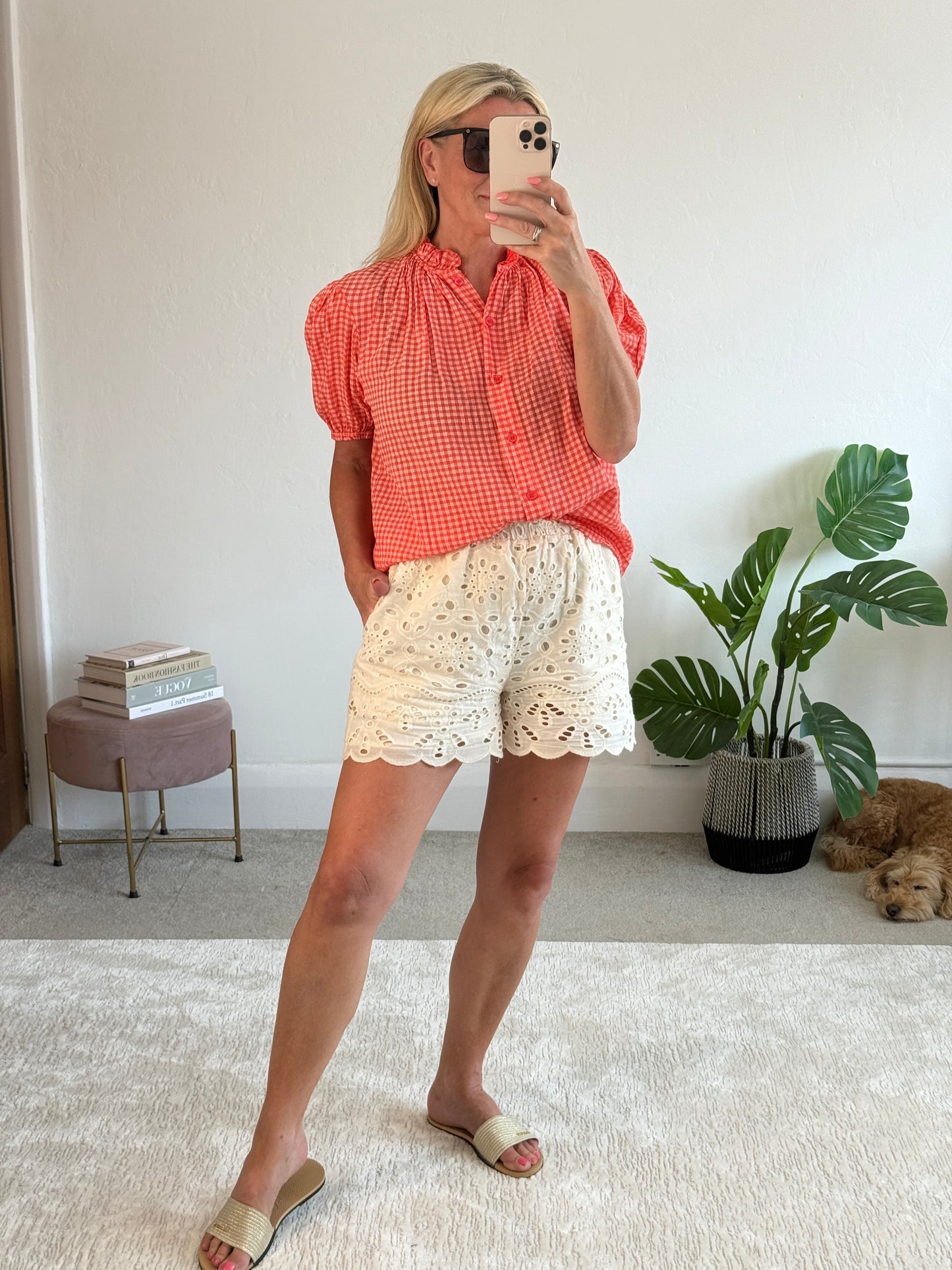 Coral Gingham Puff Sleeve Blouse