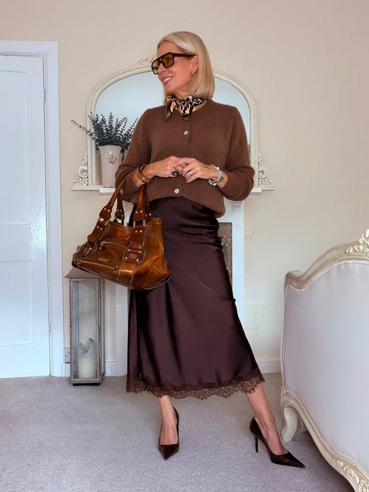 Chocolate Satin Lace Trimmed Midi Skirt
