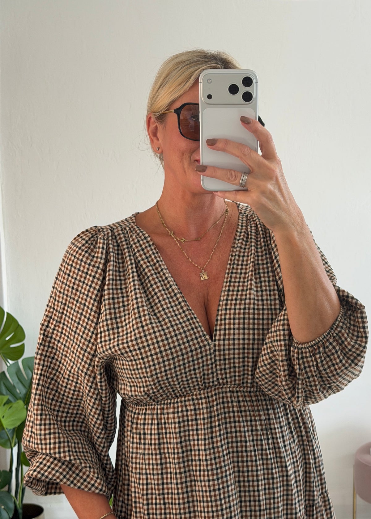 Cream Heritage Check V-Neck Tiered Dress