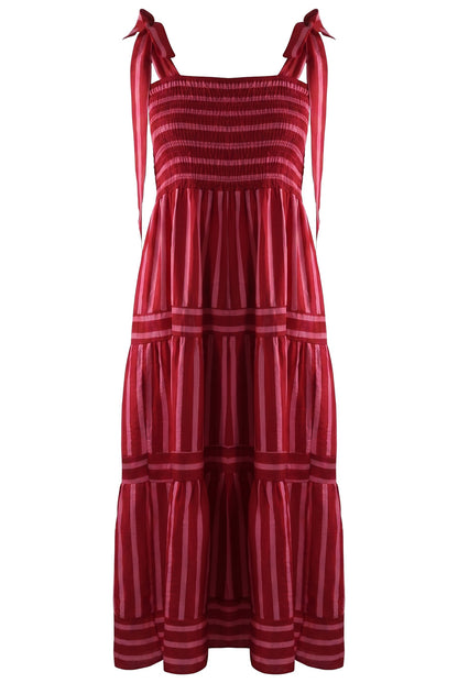 Pink/Red Striped Shirred Maxi Dress