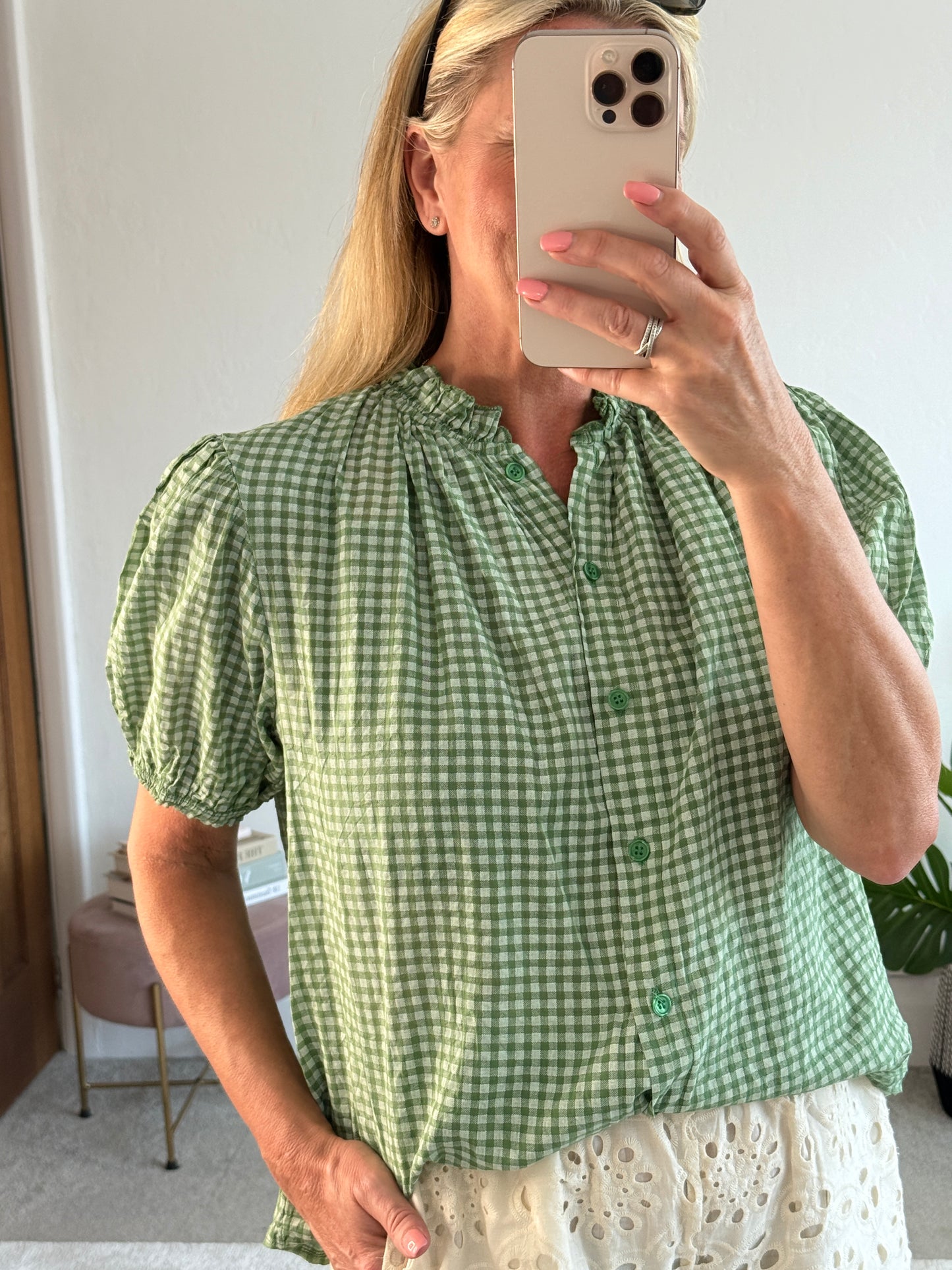 Khaki Gingham Frill Sleeve Blouse
