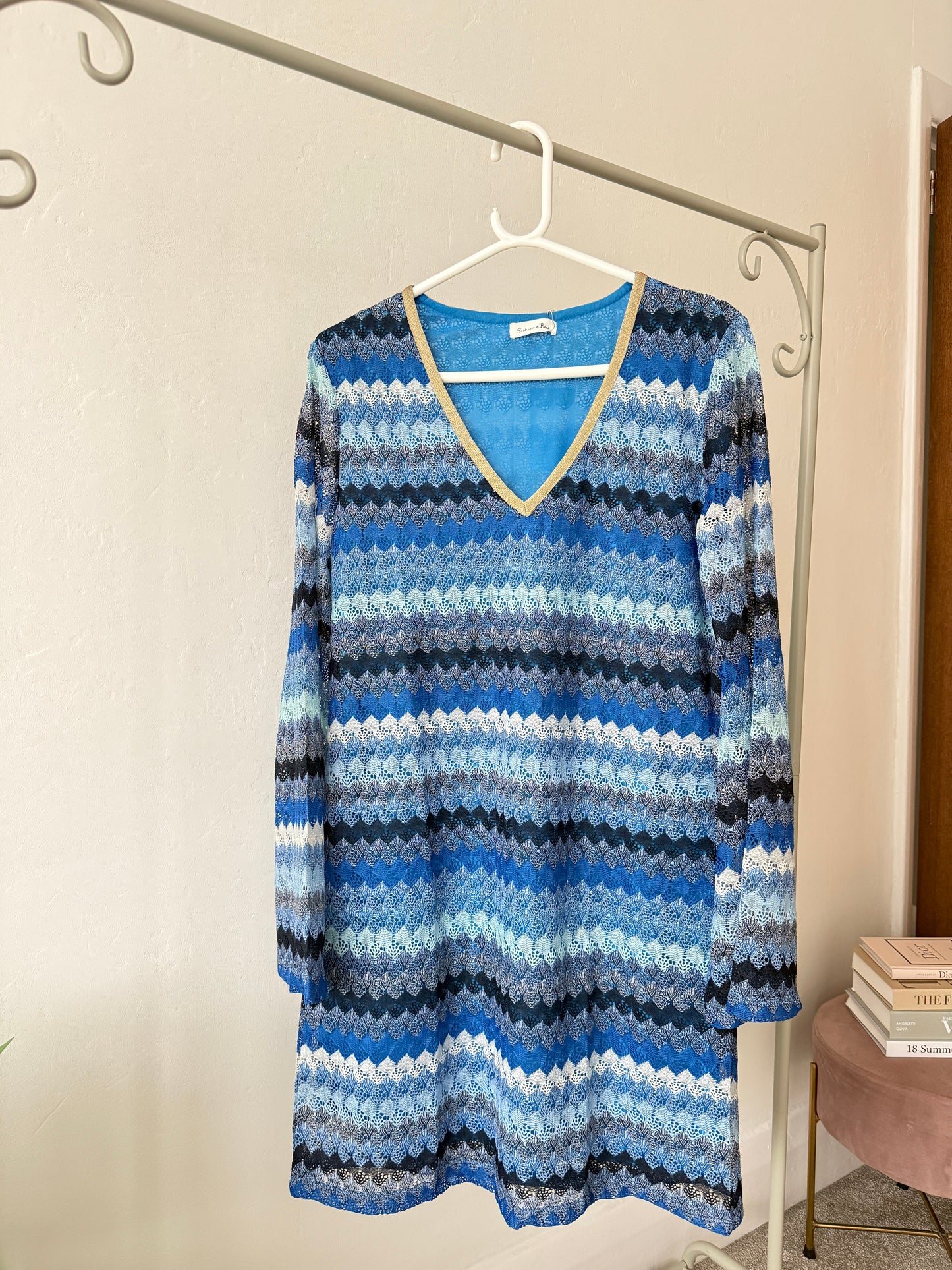 Blue Wavy Crochet Shift Dress