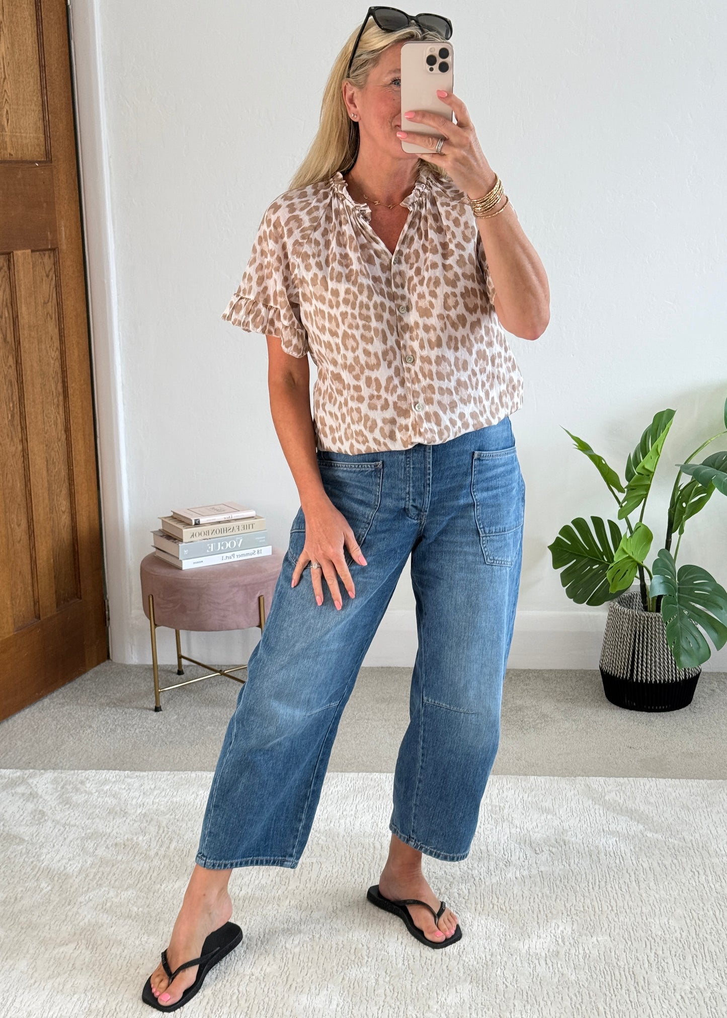 Beige Leopard Frill Sleeve Blouse