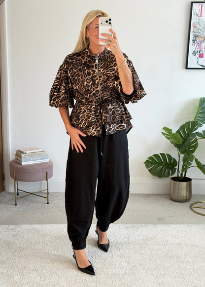 Leopard Balloon Sleeve Peplum Jacket