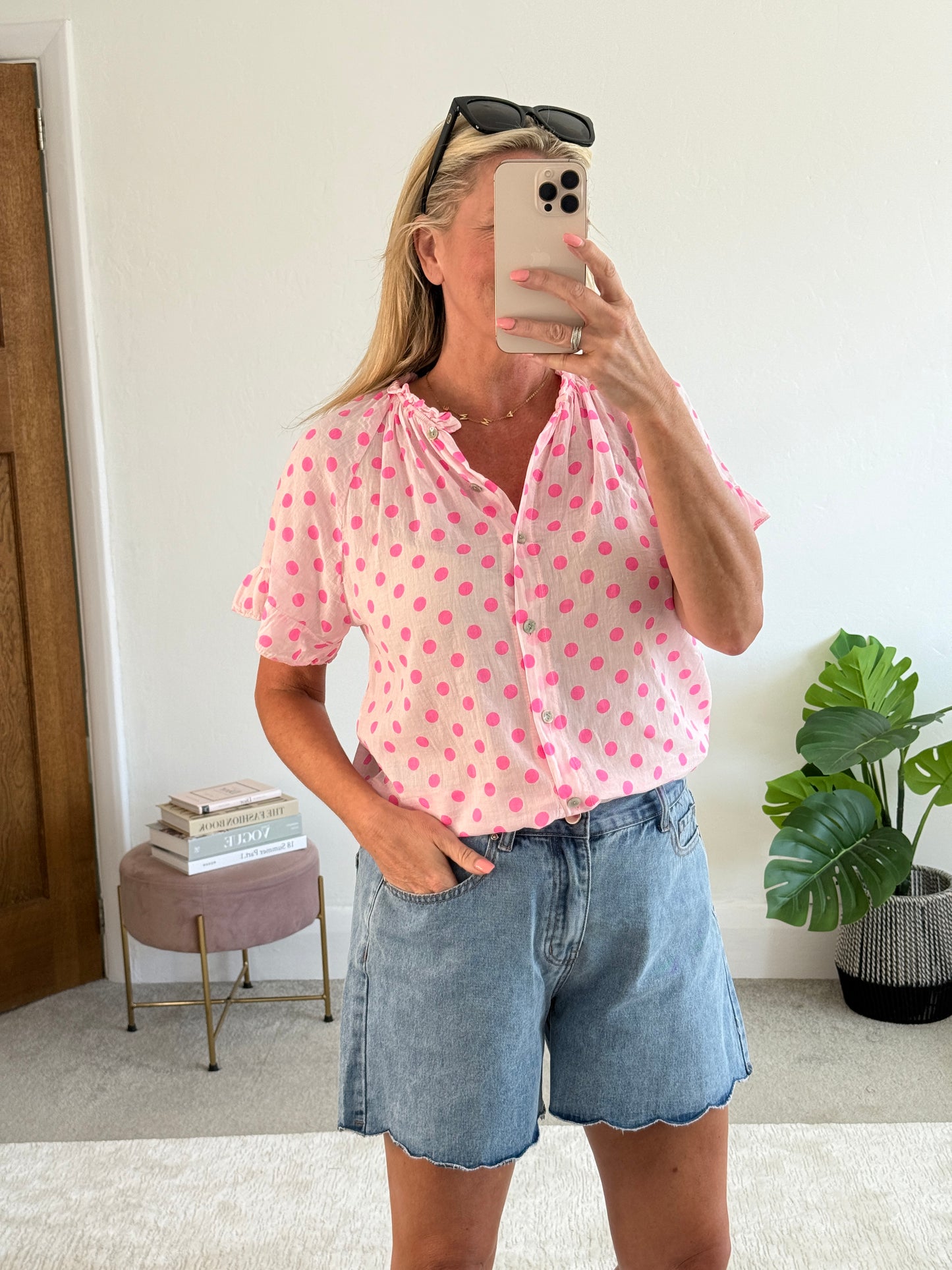 Hot Pink/Pink Polka Dot Frill Sleeve Blouse