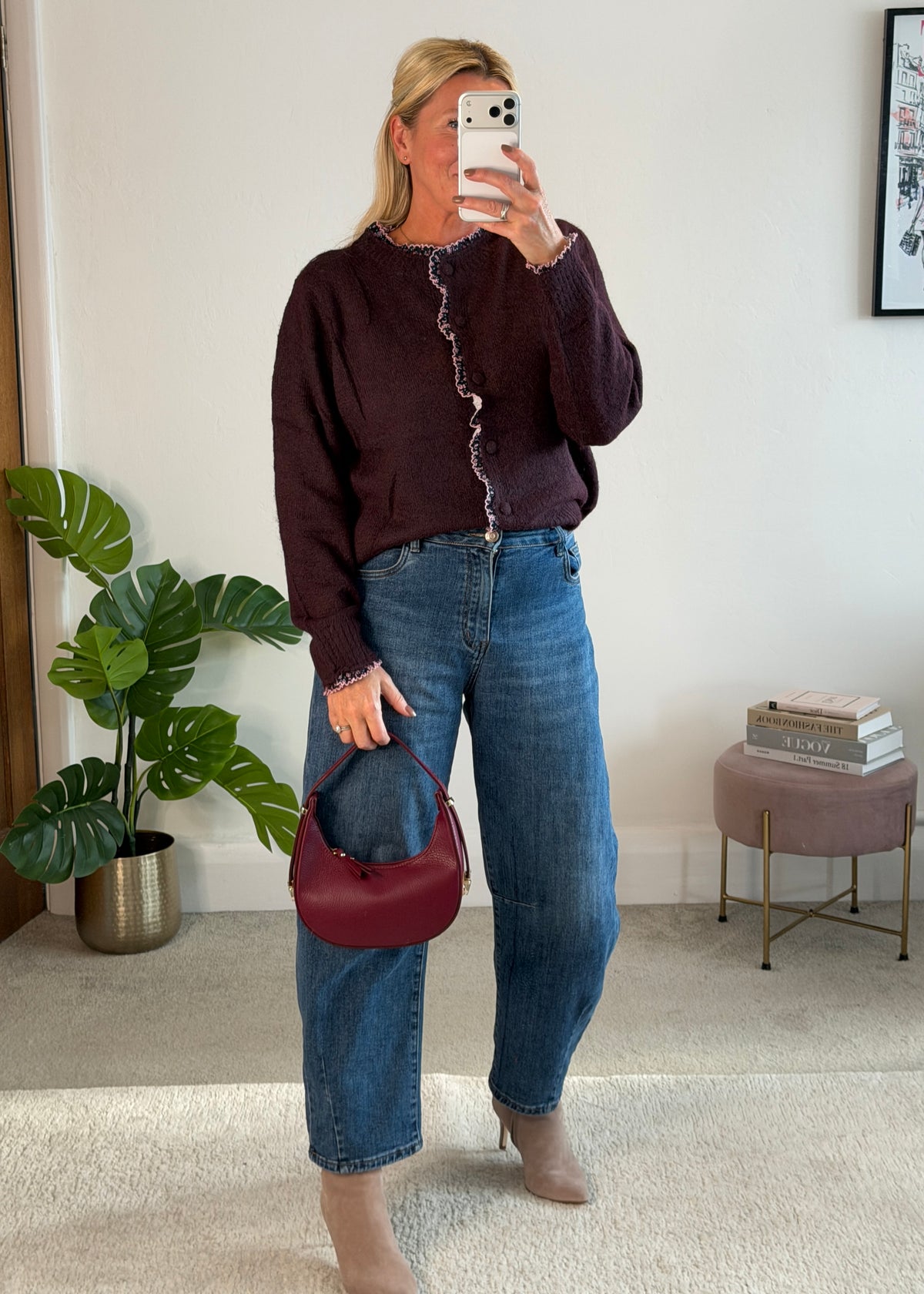 Plum/Pink Floral Frill Trim Cardigan
