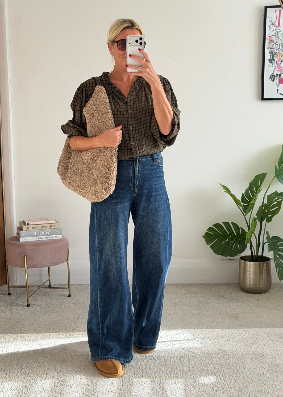 Khaki Heritage Check Frill Collar Blouse