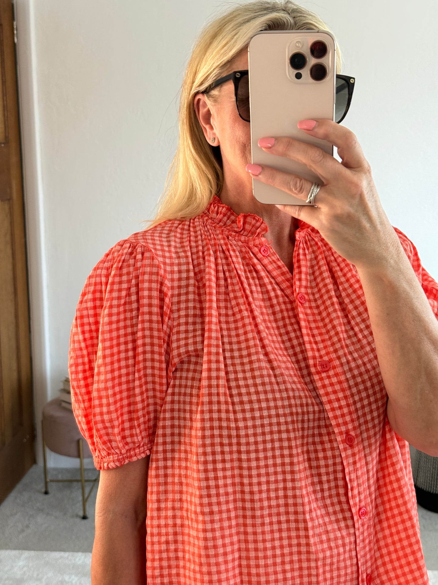 Coral Gingham Puff Sleeve Blouse