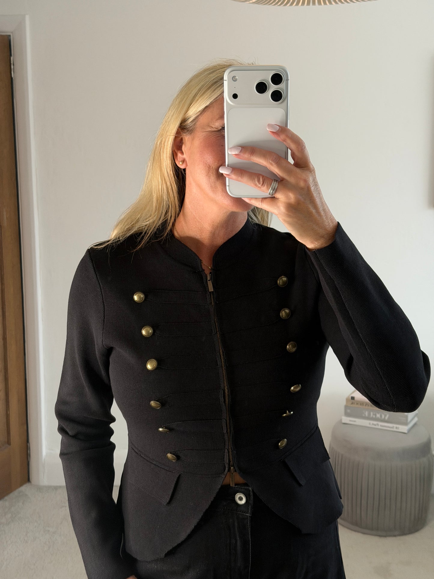 Black Military Button Zip Knit Jacket