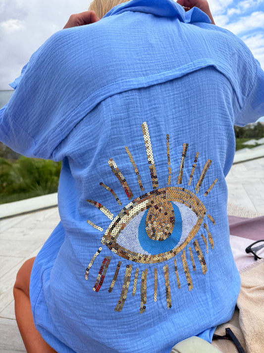 Baby Blue Sequin Eye Cheesecloth Shirt -PRE ORDER