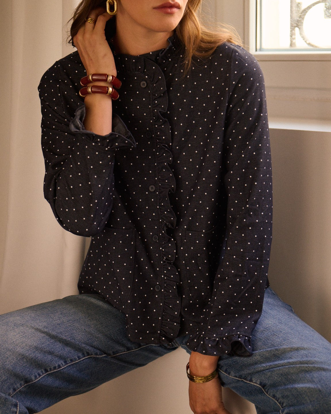 Navy Polka Dot Frill Shacket