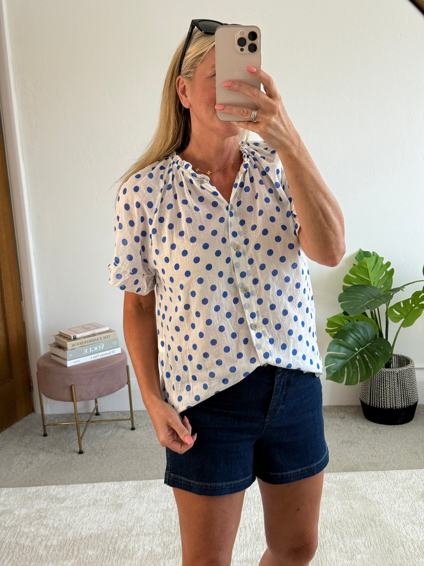 Royal Blue Polka Dot Frill Sleeve Blouse