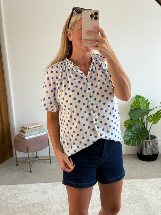 Royal Blue Polka Dot Frill Sleeve Blouse