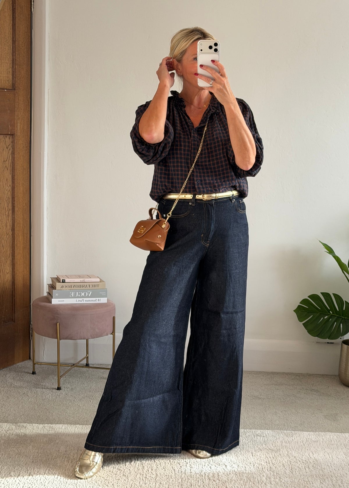 Navy Heritage Check Frill Collar Blouse