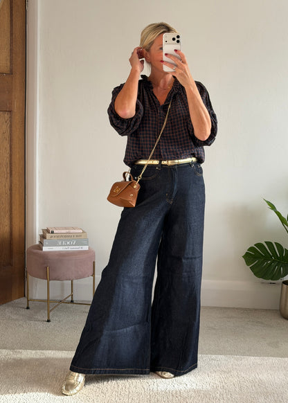 Navy Heritage Check Frill Collar Blouse