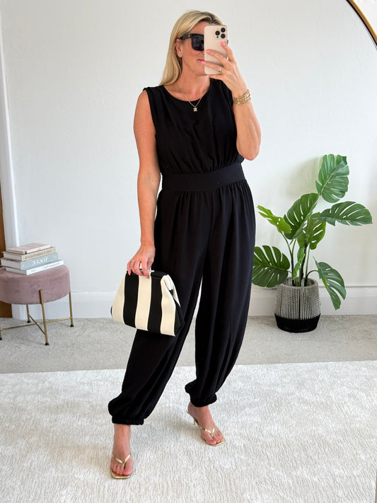 Black Elasticated Sleeveless Harem Jumpsuit