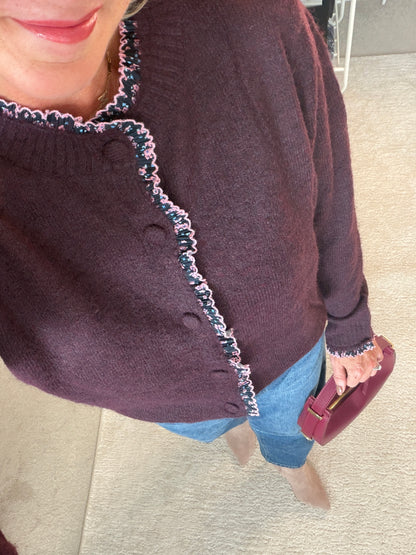 Plum/Pink Floral Frill Trim Cardigan