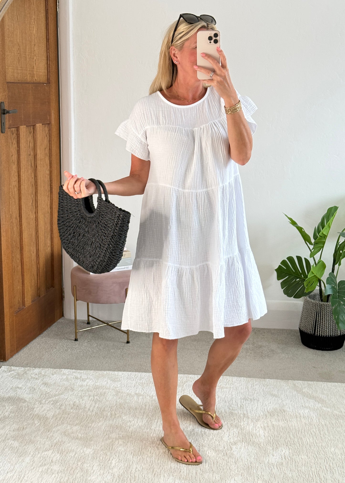 White Cheesecloth Frill Shoulder Dress