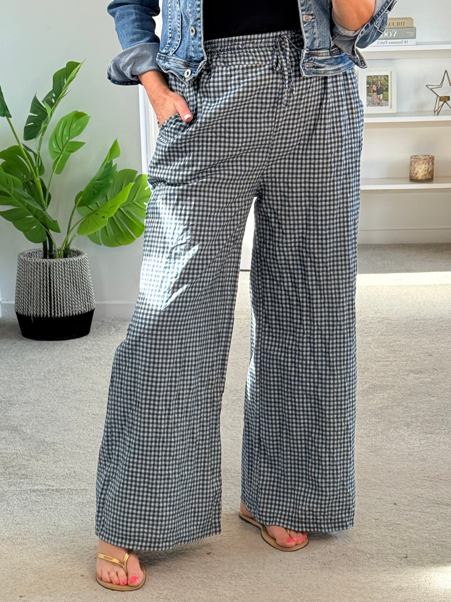 Navy Gingham Wide leg Trousers