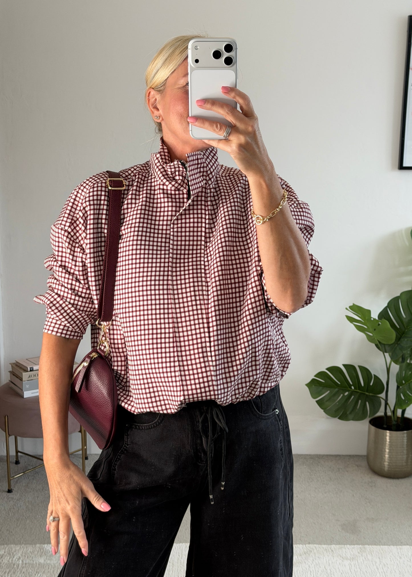 Burgundy Check Funnel Neck Jacket