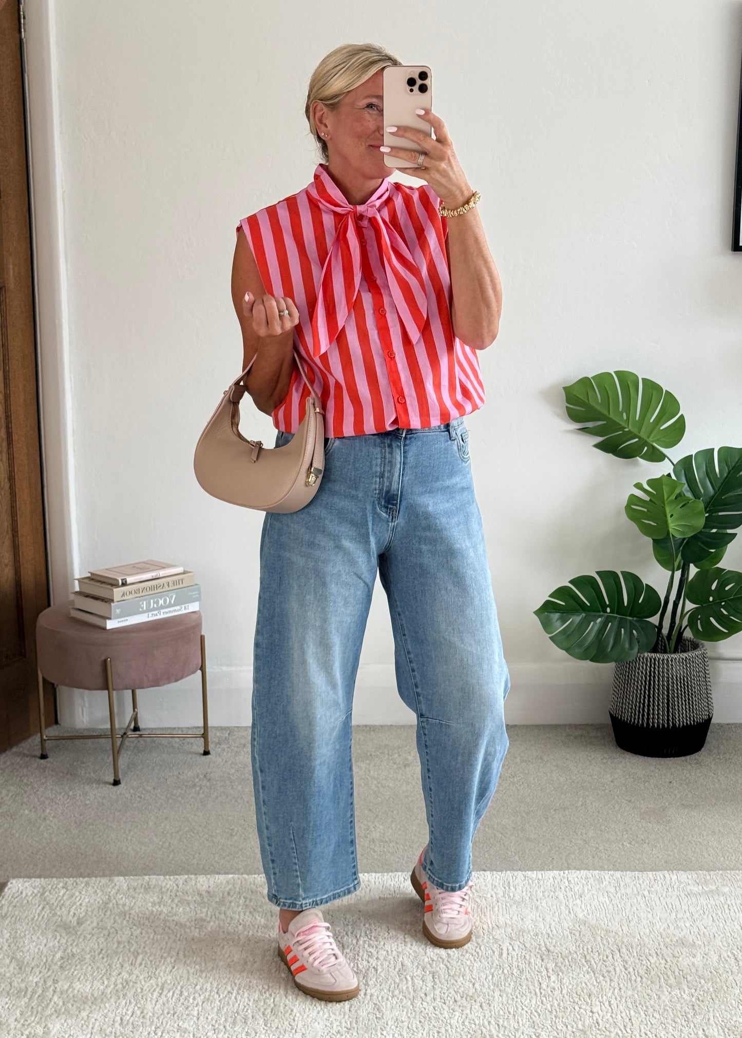 Pink/Orange Stripe Tie-Neck Blouse