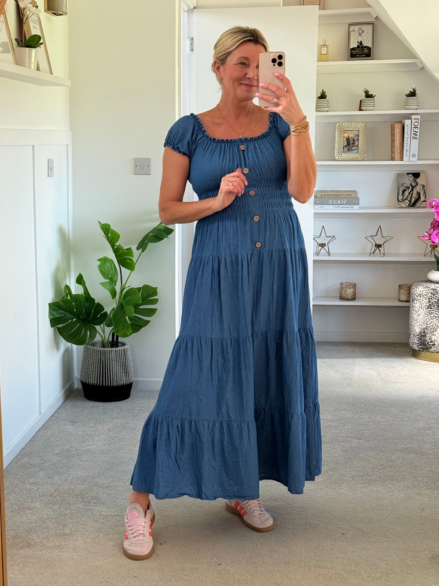 Blue Denim Bardot Tiered Maxi Dress